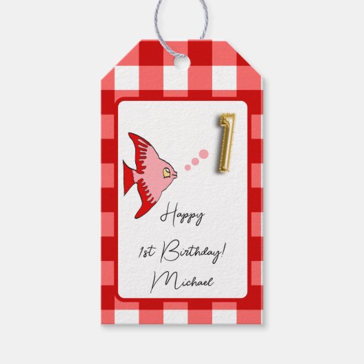 Étiquettes-cadeau Poisson Tropical Rouge En vichy Joyeux 1er anniver (Devant)