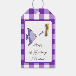 Étiquettes-cadeau Poisson Tropical Violet Gingham Joyeux 1er Anniver