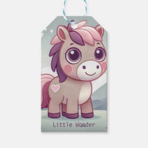 Étiquettes-cadeau Poney rose et violet dans une forêt magique