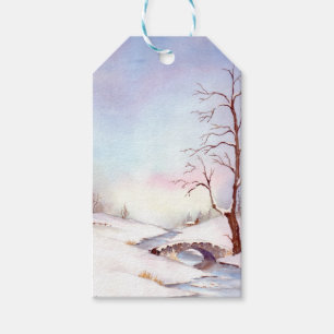 Étiquettes-cadeau Pont Snowy Aquarelle Paysage Peinture