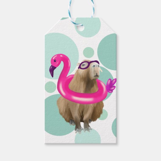 Étiquettes-cadeau Pool Party Cute Capybara Avec Flotte Flamant rose  (Devant)