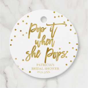 Étiquettes Cadeau Pop It When She Pops Baby Shower en papier doré