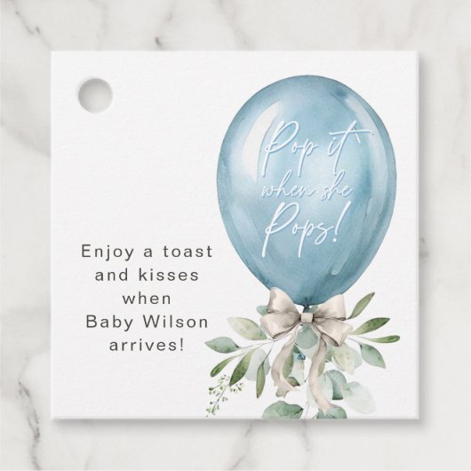 Étiquettes Cadeau Pop It When She Pops Blue Balloon Bow Green (Devant)