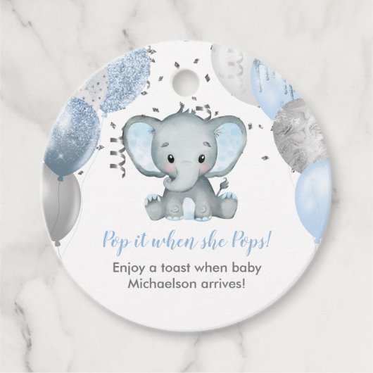 Étiquettes Cadeau Pop It When She Pops Blue Elephant Baby shower (Devant)