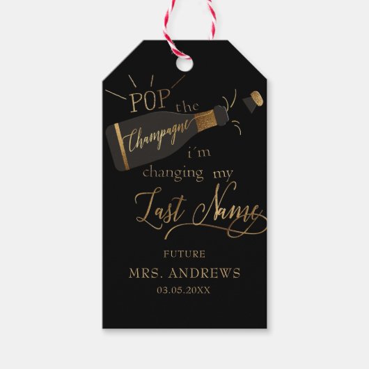 Étiquettes-cadeau Pop le champagne je change mon nom de famille ! (Devant)