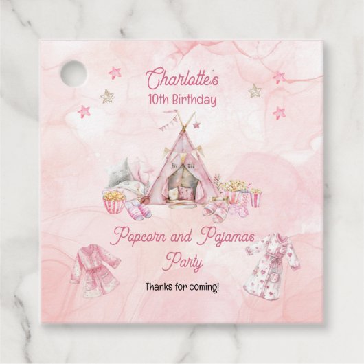 Étiquettes Cadeau Popcorn rose et Pyjamas Swood fête d'anniversaire (Devant)