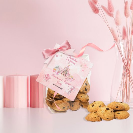 Étiquettes Cadeau Popcorn rose et Pyjamas Swood fête d'anniversaire