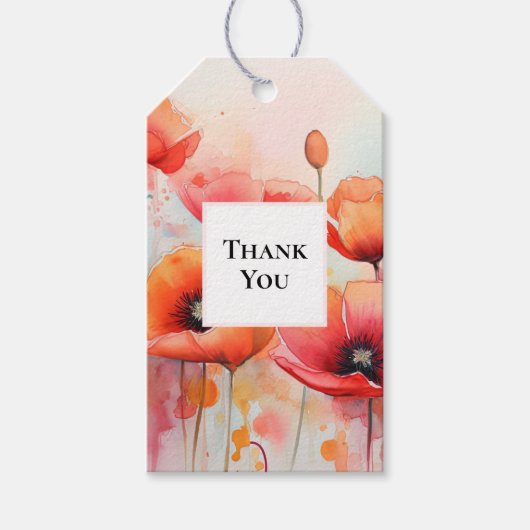 Étiquettes-cadeau Poppies d'aquarelle rouge dans un Merci de champ (Devant)