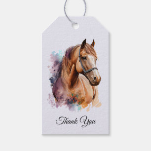 Étiquettes-cadeau Portrait de tête de cheval brun à l'aquarelle Merc