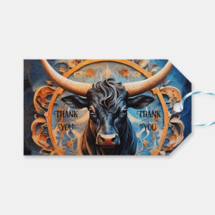 Étiquettes-cadeau Portrait vibrant d'un bœuf avec motifs floraux