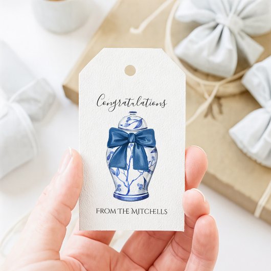 Étiquettes-cadeau Pot à gingembre bleu et blanc avec nœud bleu
