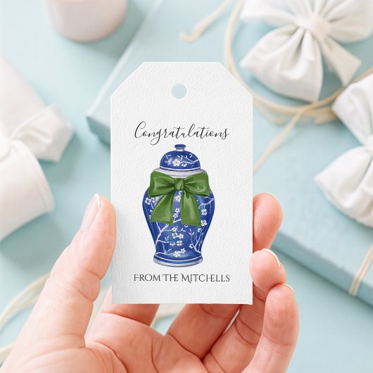 Étiquettes-cadeau Pot à gingembre bleu et blanc avec un nœud vert