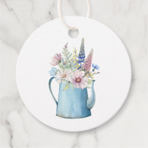 Étiquettes Cadeau Pot de café bleu à l'aquarelle rustique avec fleur