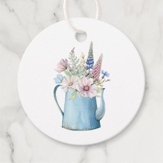Étiquettes Cadeau Pot de café bleu à l'aquarelle rustique avec fleur (Devant)