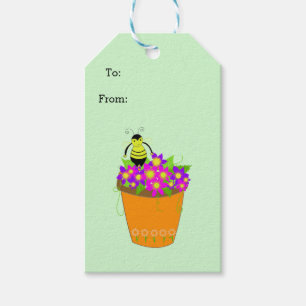 Étiquettes-cadeau Pot de fleurs fantaisiste avec abeille