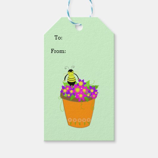 Étiquettes-cadeau Pot de fleurs fantaisiste avec abeille (Devant)