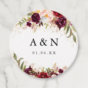 Étiquettes Cadeau Poussière d'or de mariage floral bordeaux