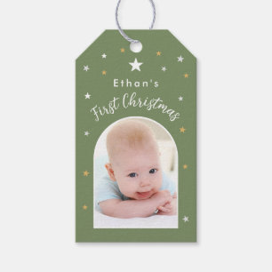 Étiquettes-cadeau Premier Noël de bébé Photo personnalisée Vert saug