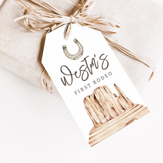 Étiquettes-cadeau Premier Rodéo Neutre Sud Cowboy Anniversaire Favor