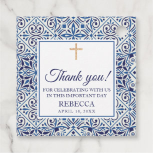Étiquettes Cadeau Première communion, Baptême Carreaux Bleus