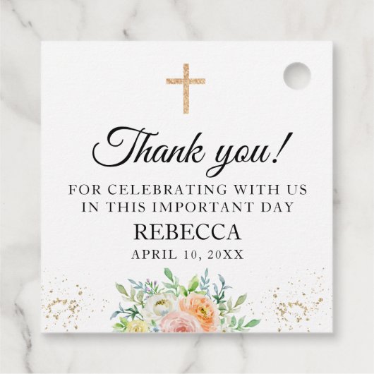 Étiquettes Cadeau Première Communion, Baptême Floral Élégant (Dos)
