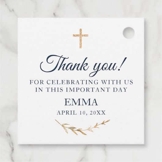 Étiquettes Cadeau Première communion, Baptême Marine et Gold Elegant (Dos)