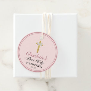 Étiquettes Cadeau Première communion de la Croix d'or rose