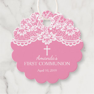 Étiquettes Cadeau Première communion sainte moderne rose et dentelle