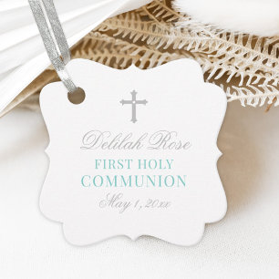 Étiquettes Cadeau Première communion Turquoise d'argent pour fille