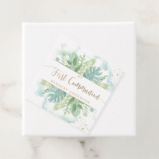 Étiquettes Cadeau Première Communion Verdure et Aquarelle bleue vert (En situation)