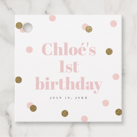 Étiquettes Cadeau Première fête d'anniversaire rose et or (Devant)