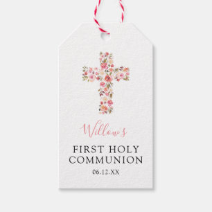 Étiquettes-cadeau Première Sainte Communion Croix rose florale Favor