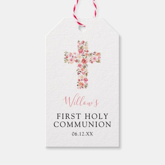 Étiquettes-cadeau Première Sainte Communion Croix rose florale Favor (Devant)