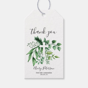Étiquettes-cadeau Première sainte communion de croix botanique vert