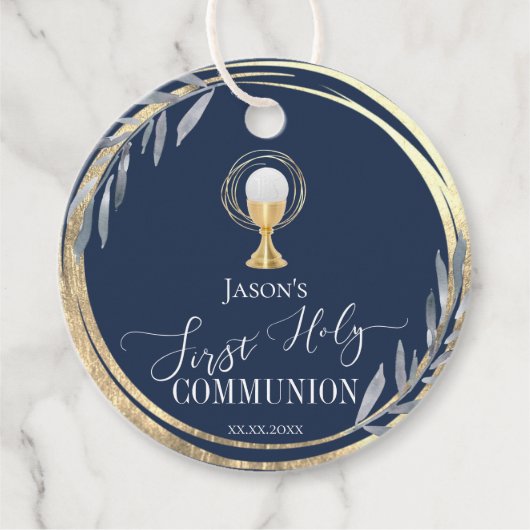 Étiquettes Cadeau Première sainte communion | feuille bleue et fauss (Devant)