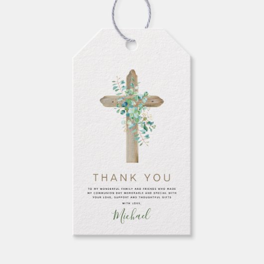 Étiquettes-cadeau Première Sainte Communion Merci Eucalyptus Vert (Devant)