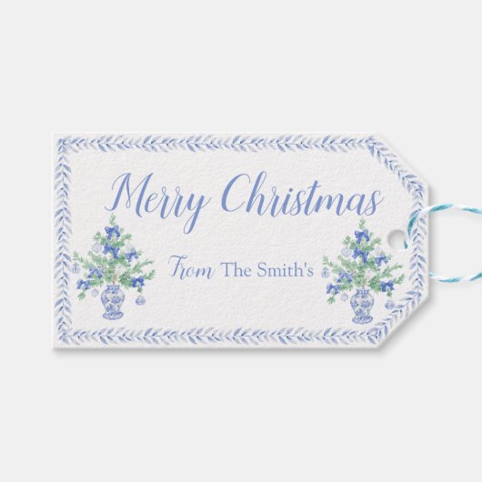 Étiquettes-cadeau Preppy Blue Chinoiserie Arbre de Noël Ginger Jars (Devant (Horizontal))