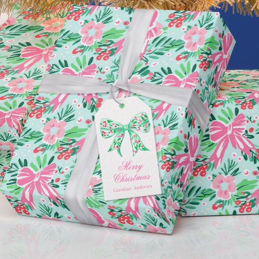 Étiquettes-cadeau Preppy rose et vert Noël Holly Berry Bow