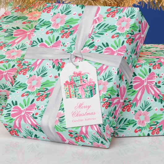 Étiquettes-cadeau Préppy rose & vert cadeau de Noël enveloppé