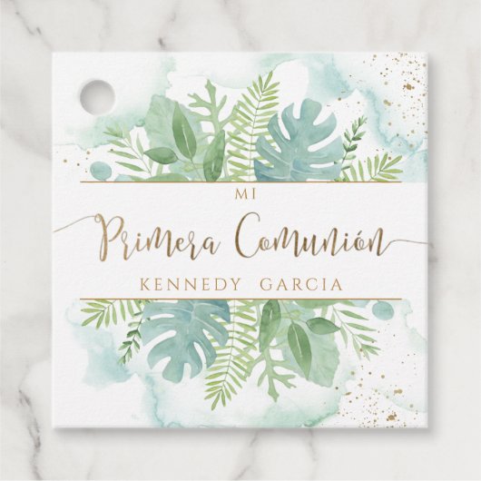 Étiquettes Cadeau Primera Comunion Verdure & Aquarelle bleu vert (Devant)