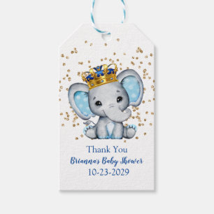 Étiquettes-cadeau Prince Royal Bleu Or Éléphant Garçon Baby Shower