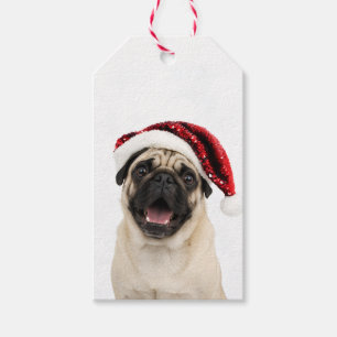 Étiquettes-cadeau Pug heureux portant un chapeau de Père Noël rouge