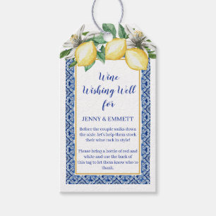Étiquettes-cadeau Puits de souhaits de vin de carreau bleu citron Ma