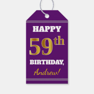 Étiquettes-cadeau Purple, Faux Gold 59e anniversaire + Nom personnal