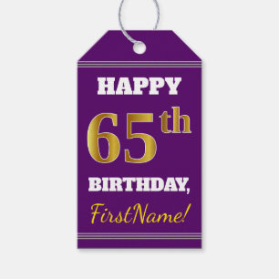 Étiquettes-cadeau Purple, Faux Gold 65e anniversaire + Nom personnal