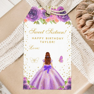 Étiquettes-cadeau Purple Floral Brown cheveux Princess Sweet sixteen