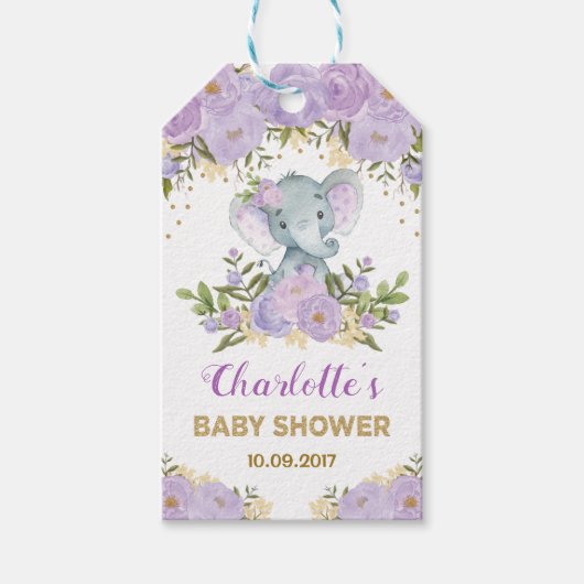 Étiquettes-cadeau Purple Gold Floral Elephant Baby shower Faveurs (Devant)