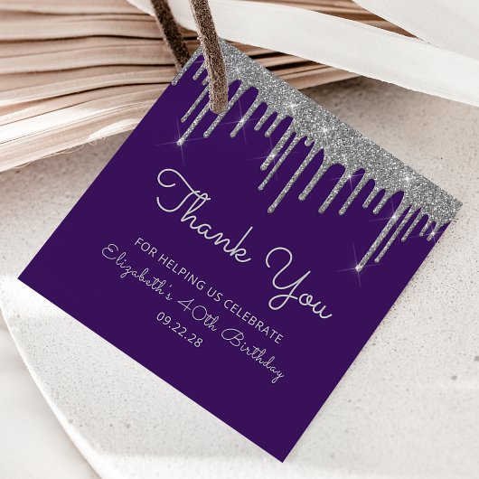 Étiquettes Cadeau Purple Silver Parties scintillant Drip 40e fête d'