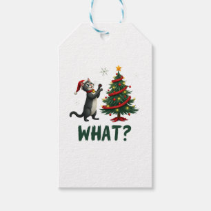 Étiquettes-cadeau Quel chat drôle poussant l'arbre de Noël sur le ch