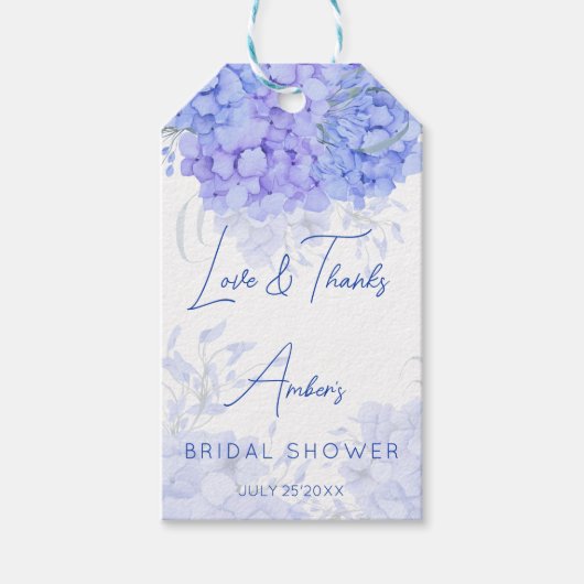Étiquettes-cadeau Quelque chose de bleu hydrangea nuptiale douche fa (Devant)